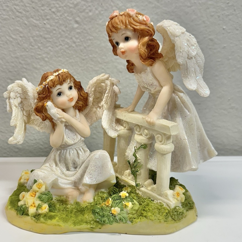 Vtg Angel Figurine Two Guardian Angels with Dove Glitter Resin Statue 7Lx4Wx6H
